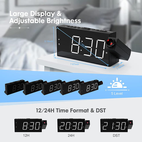 Projection Alarm Clock for Kids Bedroom,Digital Alarm Clock with Projection on Ceiling Wall,Dual Loud Alarm Clock for Heavy Sleeper,USB Port,Easy to Use,Snooze,Dimmer,Battery Backup,Plug-in,12/24H DST